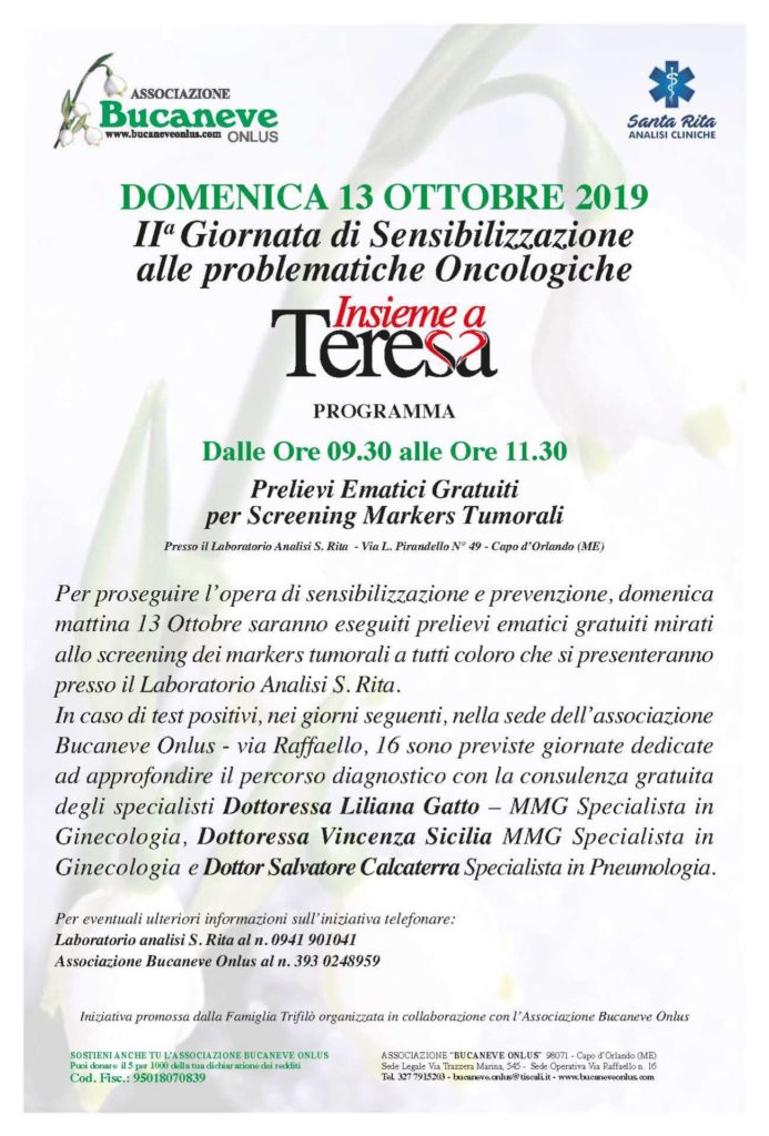 BUCANEVE ONLUS – Prevenzione oncologica. Ritorna “Insieme a Teresa”