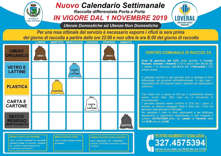 CAPO D’ORLANDO – Raccolta porta a porta: da novembre il nuovo calendario