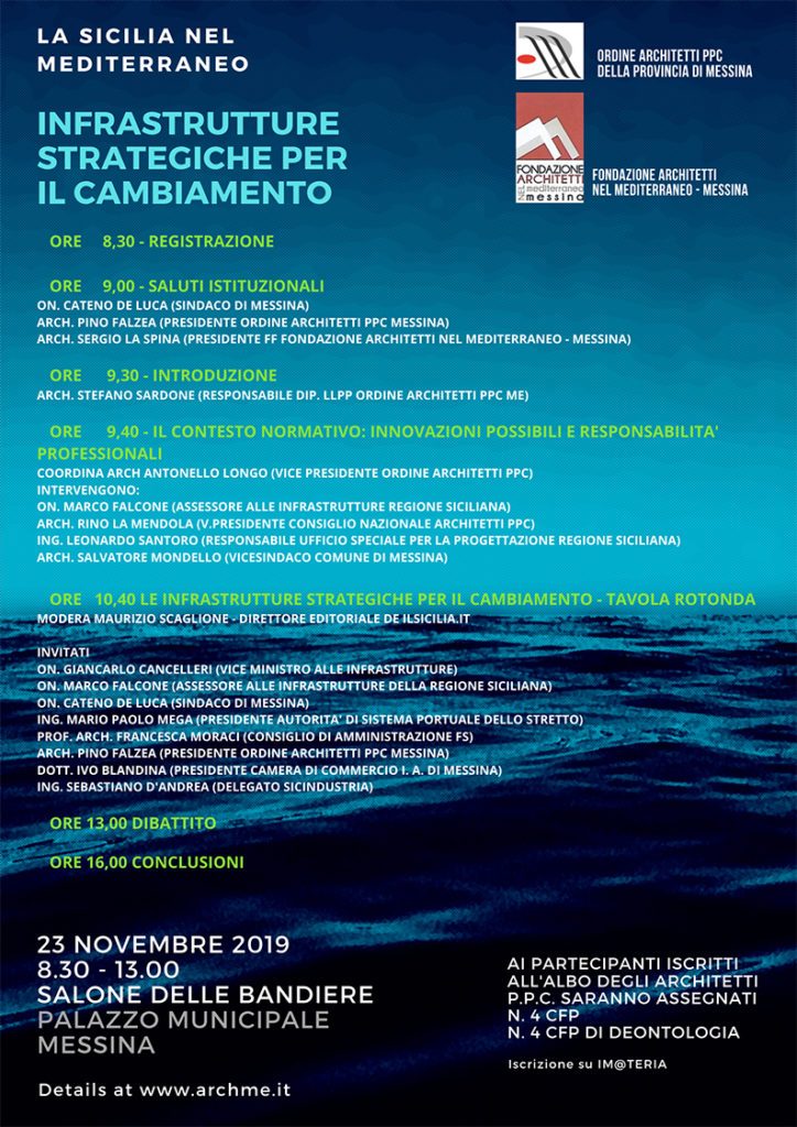 ARCHITETTI – “La Sicilia nel Mediterraneo-Infrastrutture strategiche per il cambiamento” sabato 23 a Palazzo Zanca