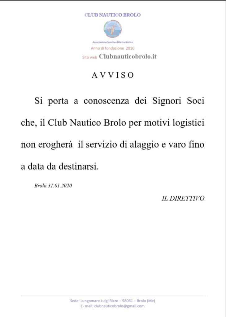 CLUB NAUTICO BROLO – Dopo la comunicazione sul blocco dei servizi di alaggio e varo … che fare?