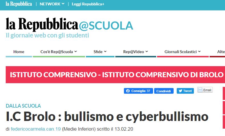 I.C.BROLO – La nota di Tancredi su bullismo e cyberbullismo pubblicata da Repubblica-Scuola