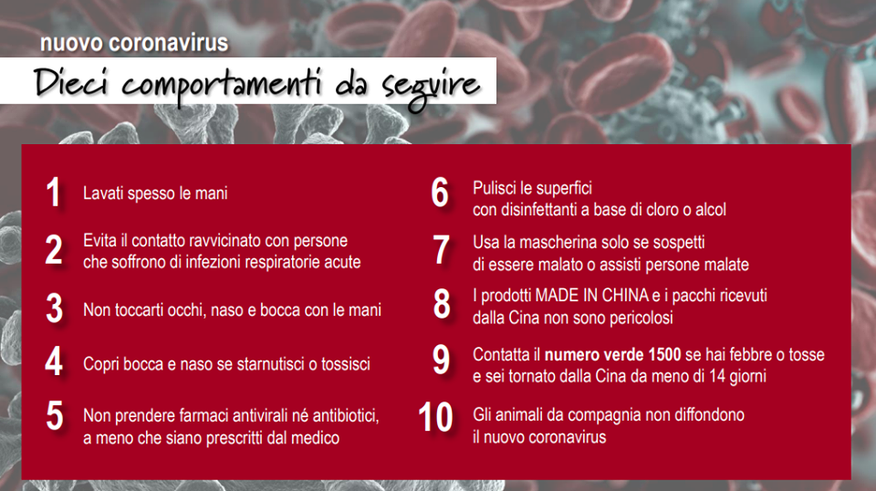 CORONAVIRUS – I suggerimenti del Ministero della Salute