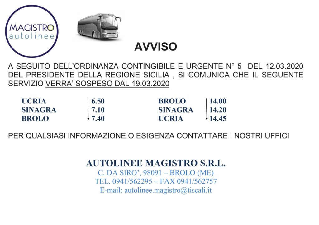 TRASPORTO PUBBLICO LOCALE – Saltano alcune corse giornaliere di autobus tra Brolo e Ucria. Le altre variazioni