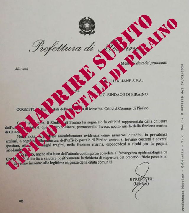 UFFICI POSTALI – L’intervento del Prefetto per quello di Piraino, a Patti il sindaco sollecita di trovare soluzioni per Tindari