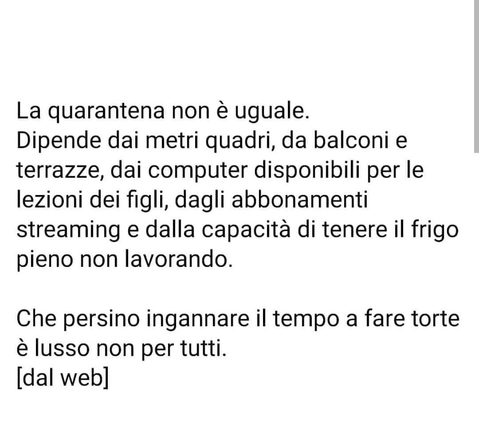 CONSIDERAZIONI – La quarantena non è uguale per tutti