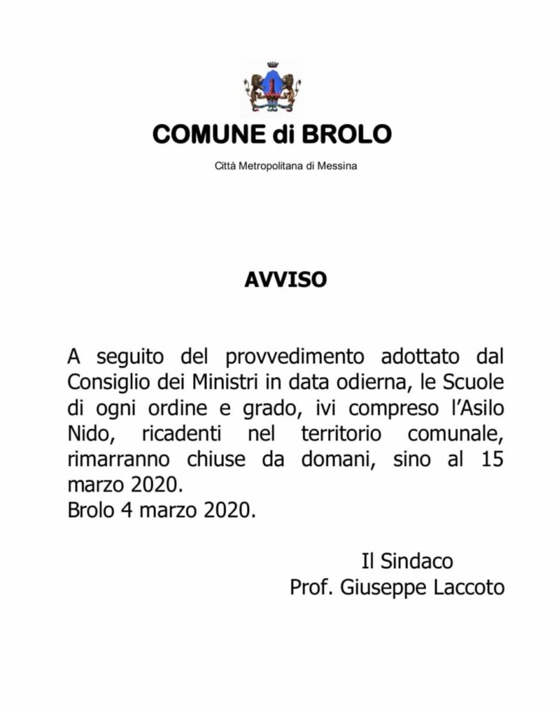 BROLO – Chiude da domani anche l’asilo nido