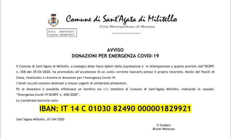 SANT’AGATA MILITELLO – Solidarietà alimentare, Iban comunale per le donazioni