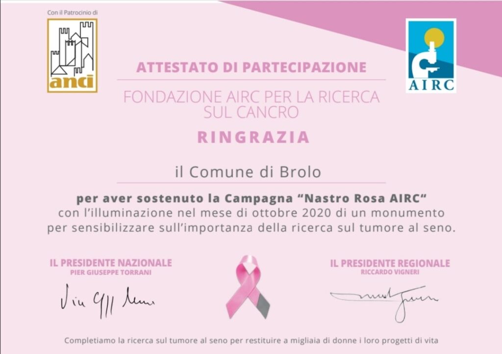 ATTESTAZIONI – A Brolo il diploma 2020 dell’AIRC
