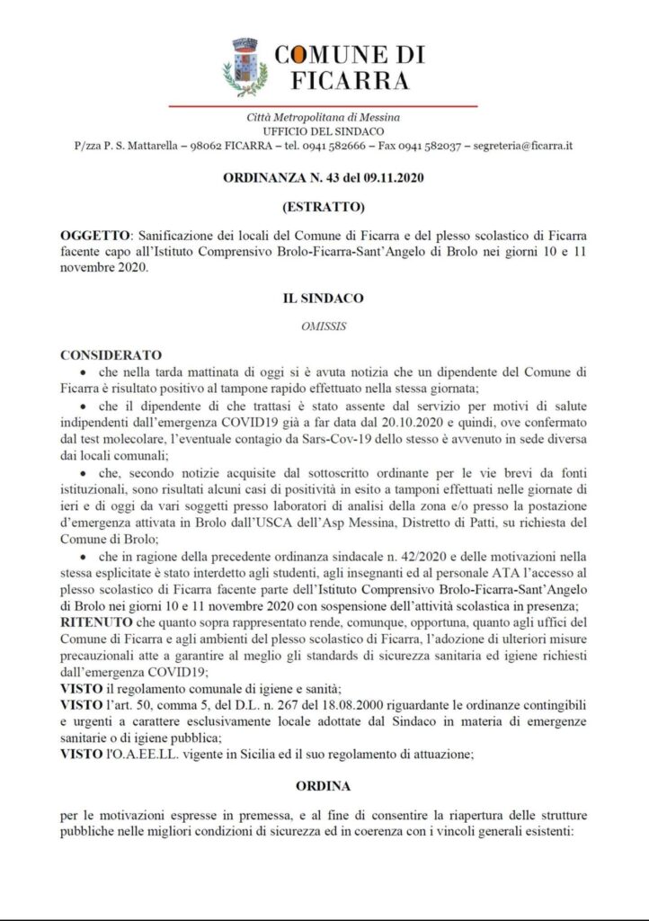 CHIUSURE – A Ficarra martedì e mercoledì chiusi uffici comunali e scuole