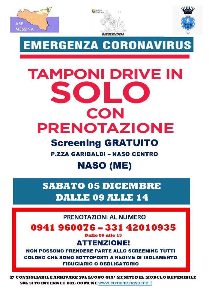 NASO – Coronavirus, sabato lo screening gratuito. Diminuiscono i positivi