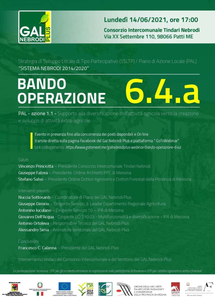 GAL NEBRODI PLUS – Lunedì 14 giugno approfondimento bando “Supporto alla diversificazione dell’attività agricola verso la creazione e sviluppo di attività extra-agricole”