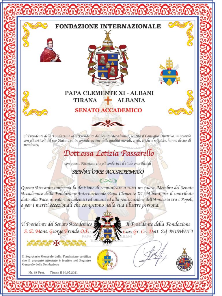 RICONOSCIMENTI – Letizia Passarello nuovo Senatore Accademico della Fondazione Papa Clemente XI Albani
