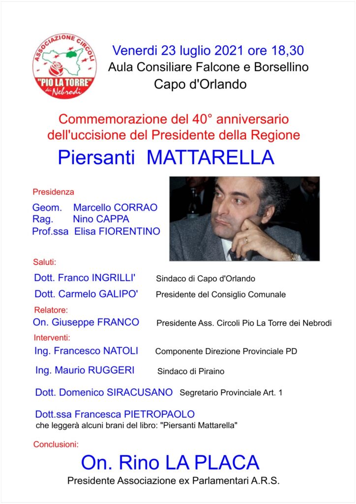 CAPO D’ORLANDO – Venerdì il ricordo di Piersanti Mattarella