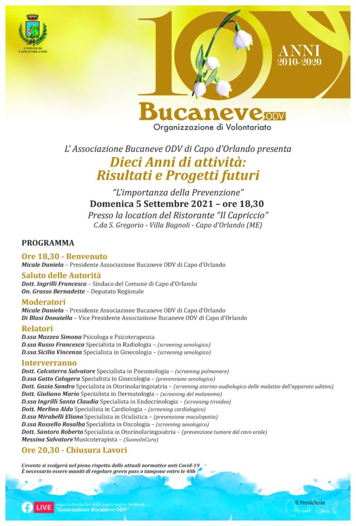 CAPO D’ORLANDO – Si parlerà di prevenzione nel decimo anniversario dell’associazione Bucaneve