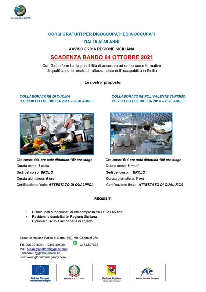 FORMAZIONE – Entro domani le adesioni anche per i corsi a Brolo tra Cucina e Turismo
