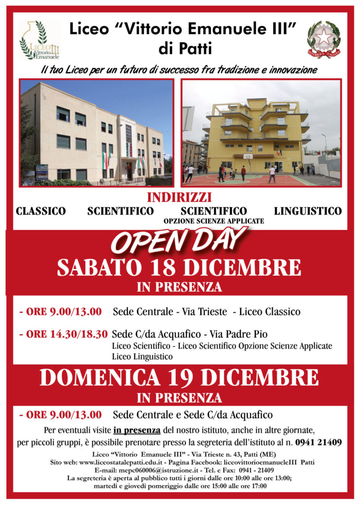 ANDARE AL LICEO – Open Day il 18 e 19 dicembre al Vittorio Emanuele di Patti