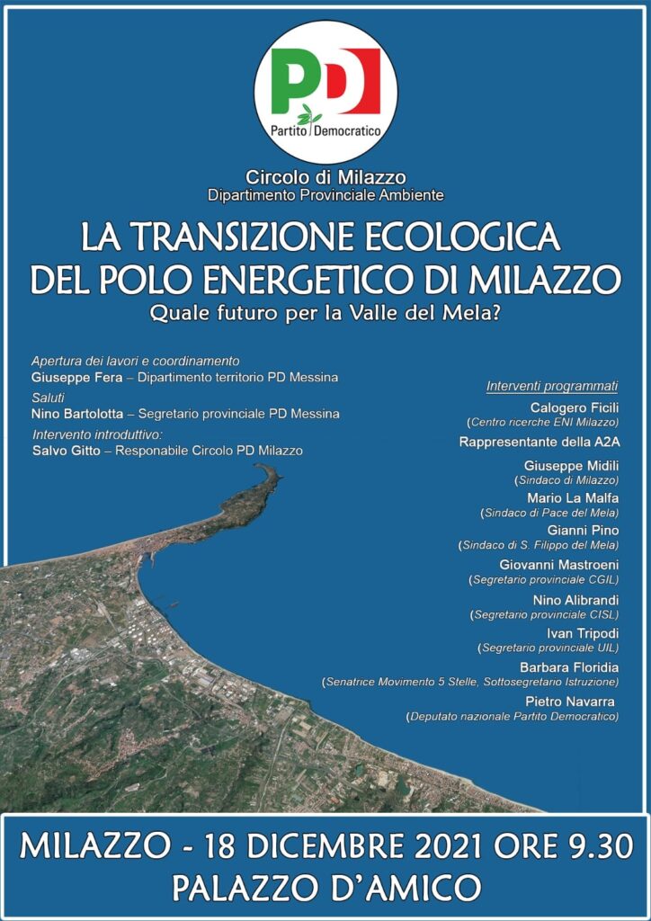 PARTITO DEMOCRATICO – La transizione ecologica del polo energetico di Milazzo: Quale futuro per la Valle del Mela?