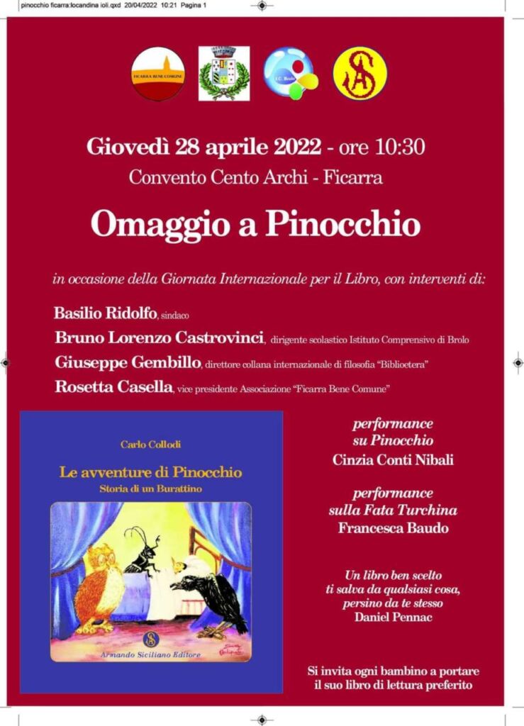 OMAGGIO A PINOCCHIO – A Ficarra giovedì 28 aprile nella la giornata dedicata ai libri