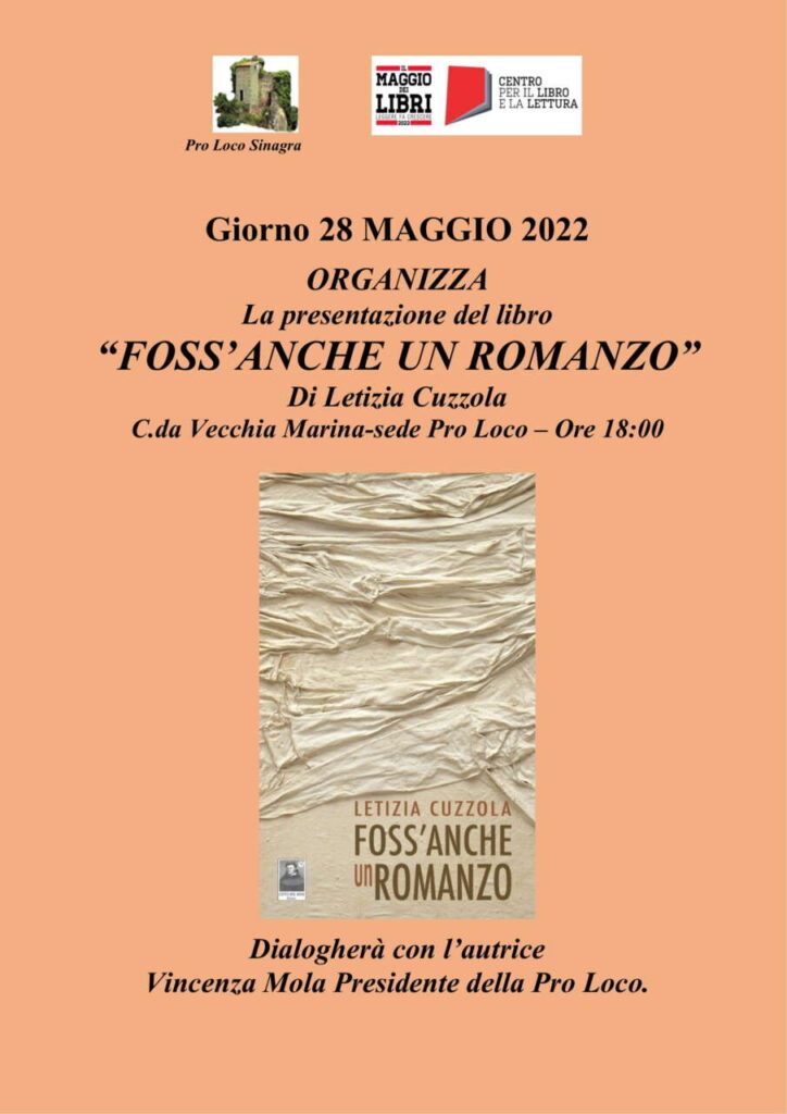 SINAGRA – Maggio dei libri, il 28 maggio presentazione del libro “Foss’anche un romanzo”