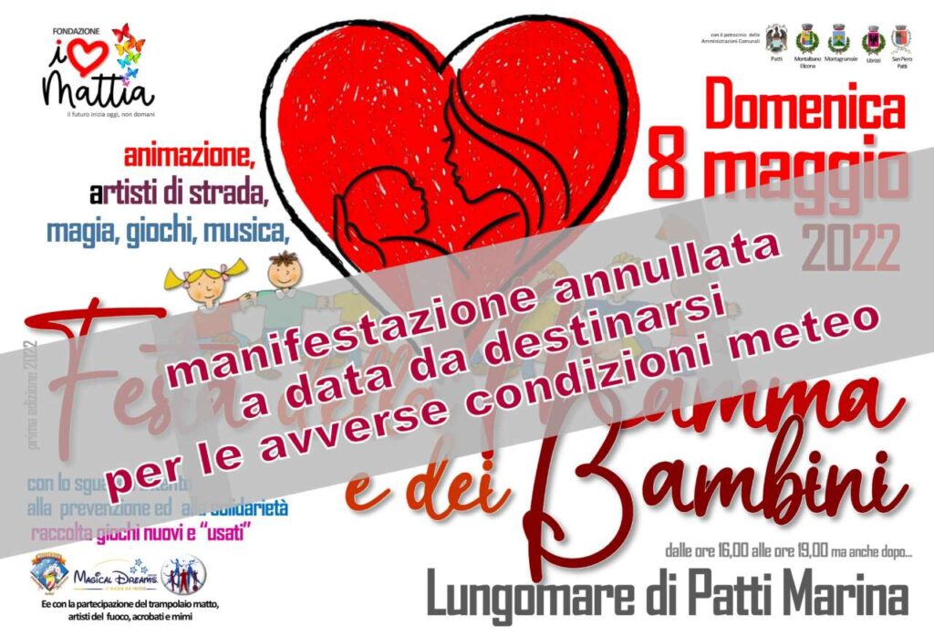 FESTA DELLA MAMMA – Meteo avverso. Annullata la manifestazione di domani a Patti Marina