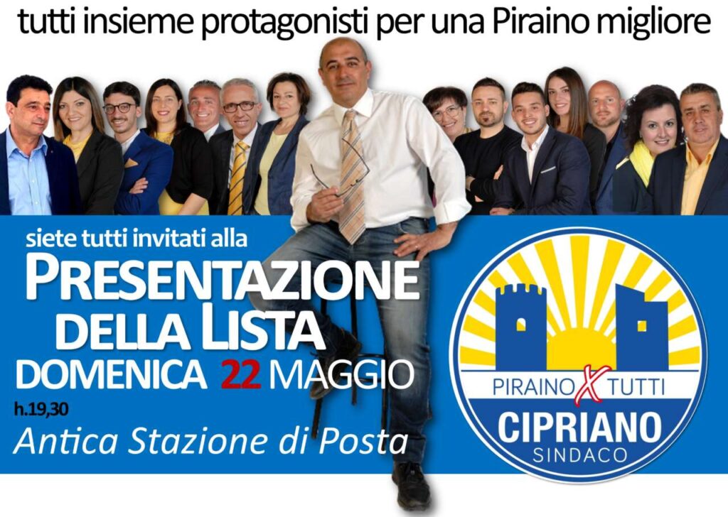 “PIRAINO X TUTTI” – Cipriano presenta programma lista domenica 22 maggio