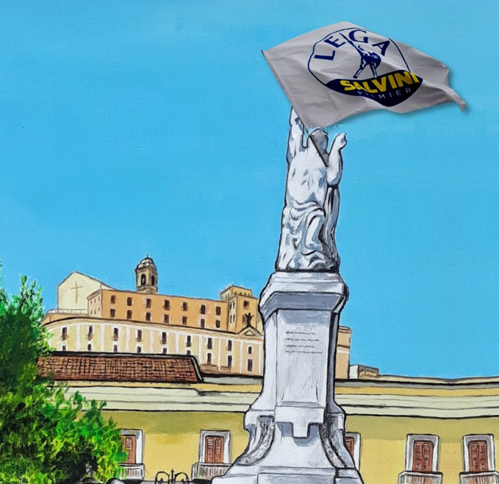 “REGIONALI”  A PATTI – Sul balcone sventola la bandiera di Alberto da Giussano