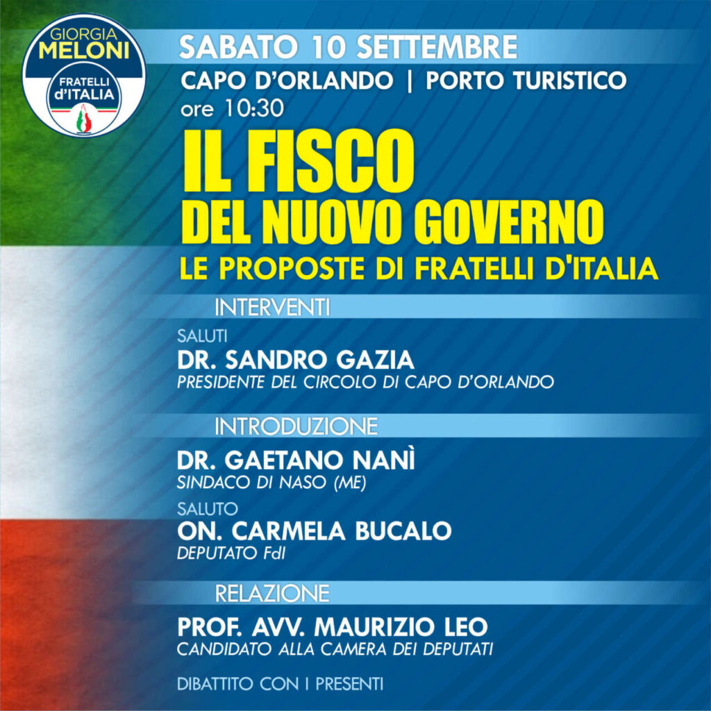 FISCO – Le proposte di Fratelli d’Italia. Incontro dibattito sabato 10 settembre a Capo d’Orlando Marina