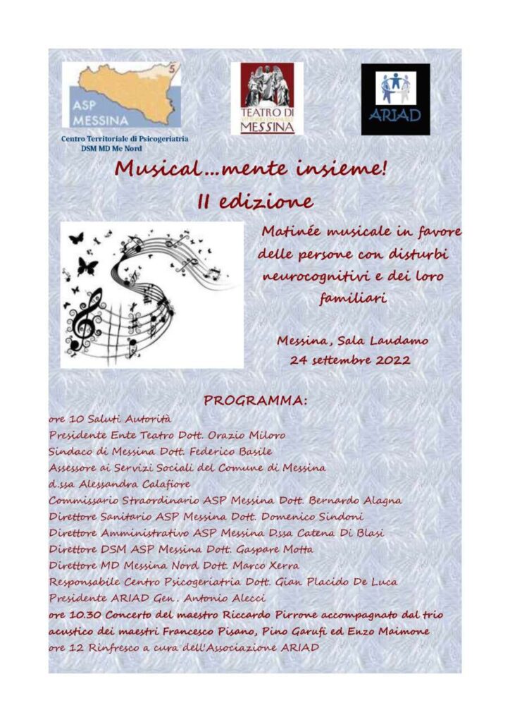 MUSICAL…MENTE INSIEME – Sabato alla sala Laudamo matinée musicale dedicata alla persone con disturbi neurocognitivi