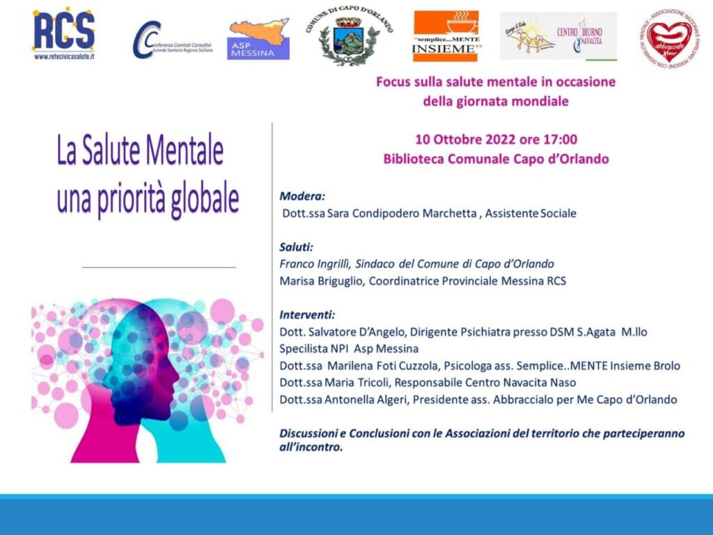 RETE CIVICA DELLA SALUTE – “La Salute Mentale una priorità globale” se ne parlerà il 10 ottobre a Capo d’Orlando