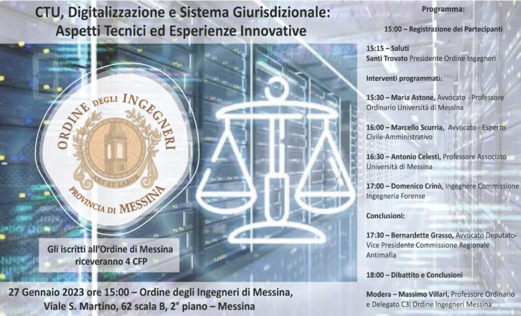 INGEGNERI – “CTU, Digitalizzazione e Sistema Giurisdizionale: Aspetti Tecnici ed Esperienze Innovative” venerdì il seminario