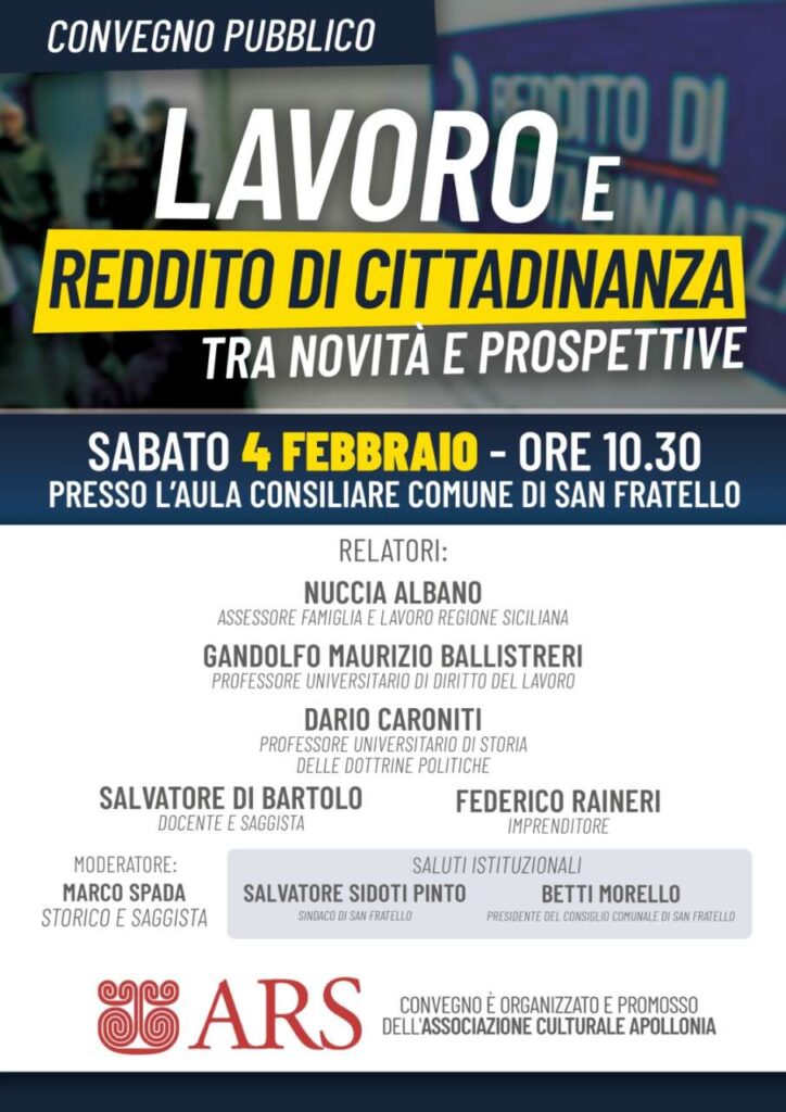 SAN FRATELLO – “Lavoro e reddito di cittadinanza tra novità e prospettive” convegno 4 febbraio