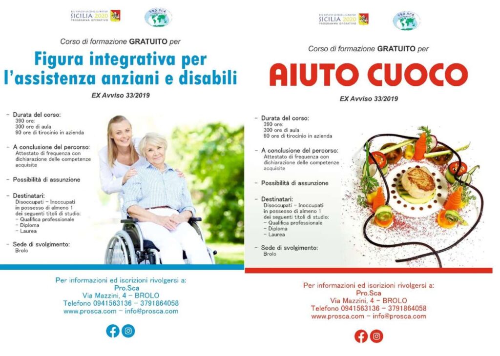 NUOVI CORSI ALLA PRO.SCA – Aiuto Cuoco e Assistenza anziani e disabili