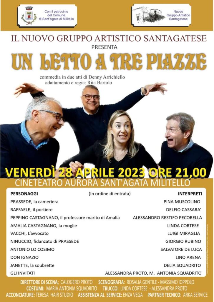 SANT’AGATA MILITELLO – Venerdì 28 aprile al cineteatro Aurora “Un letto a tre piazze”