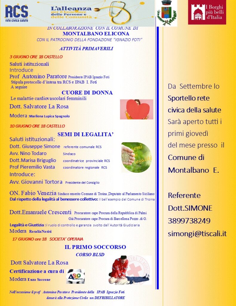 MONTALBANO ELICONA – La Rete Civica della Salute avvia tre importanti iniziative