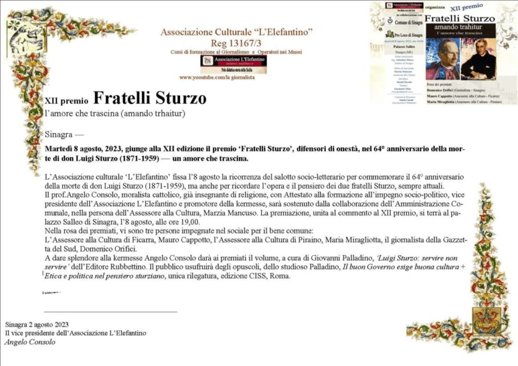 PREMI – L’8 agosto, a Sinagra, per commemorare il 64° anniversario della morte di don Luigi Sturzo