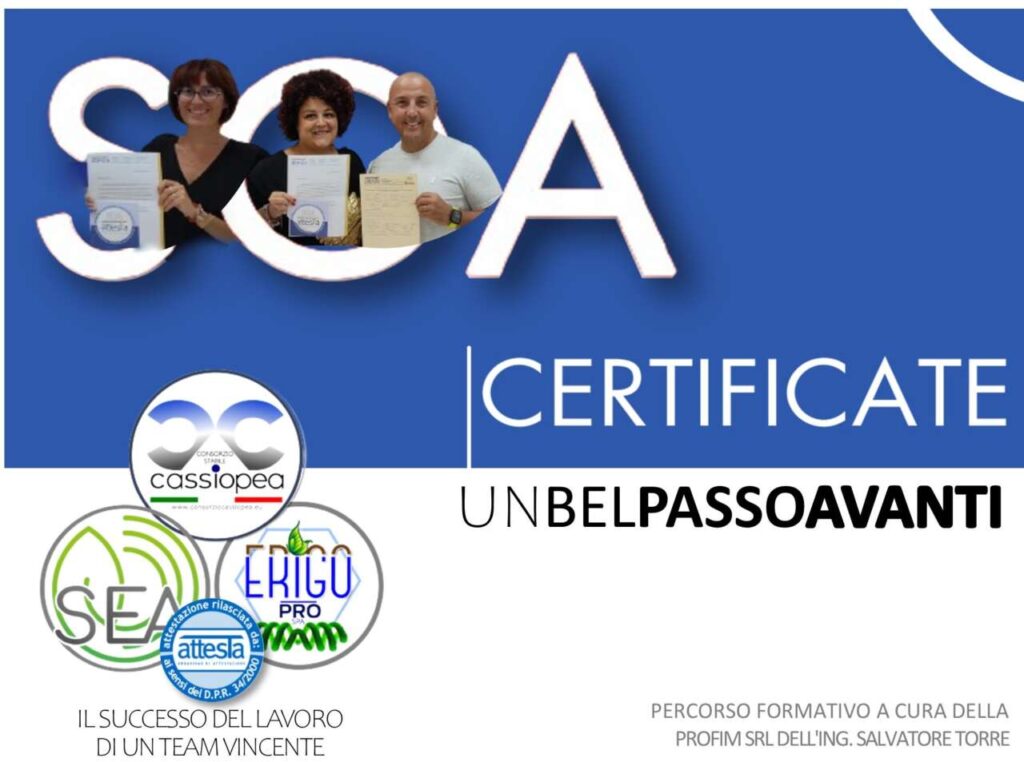 ATTESTAZIONE SOA – Al Consorzio Cassiopea riconosciuta quella relativa  alla “qualificazione per l’esecuzione dei lavori pubblici”