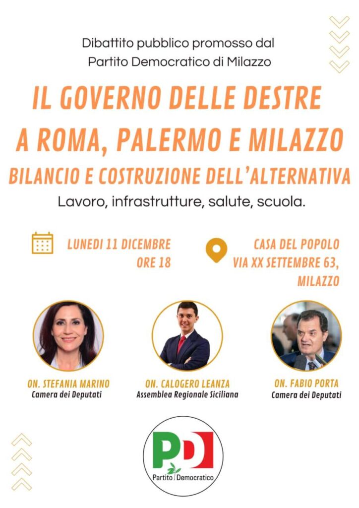 PARTITO DEMOCRATICO – Costruire un’alternativa alle Destre, se ne parlerà a Milazzo lunedì 11 dicembre