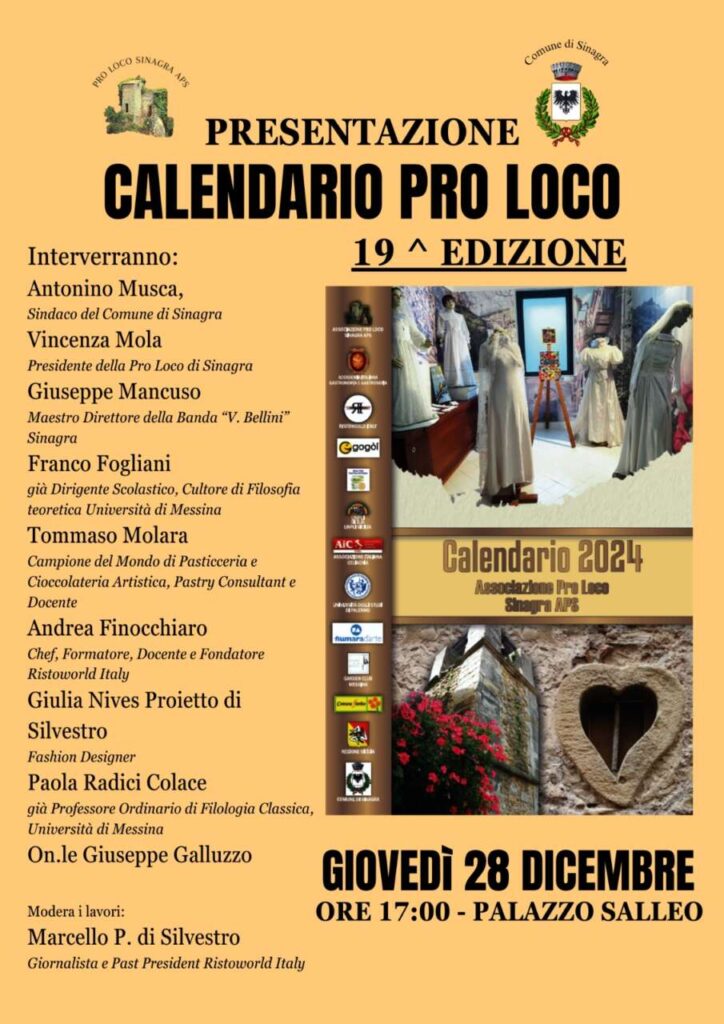 SINAGRA – Dedicato al matrimonio e al museo dell’abito da sposa il calendario almanacco 2024 della Pro Loco