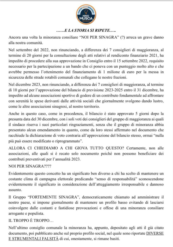 SINAGRA – Botta e risposta tra maggioranza e opposizione sul bilancio