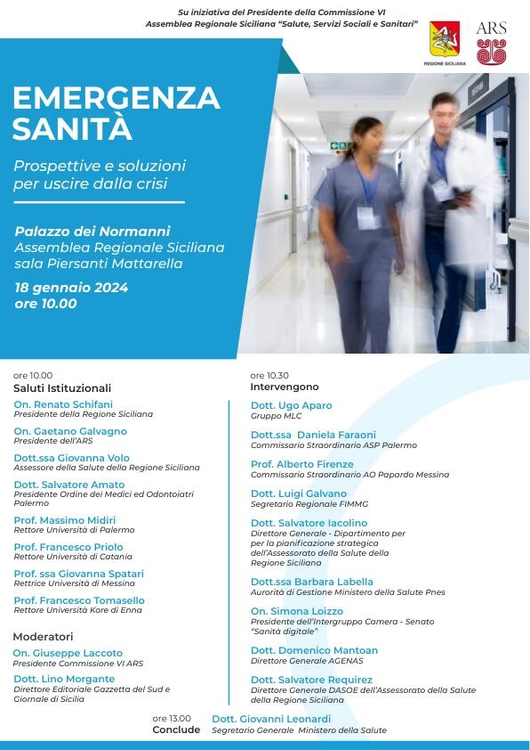 SANITÀ – Prospettive e soluzioni per uscire dalla crisi: il 18 gennaio convegno all’ARS