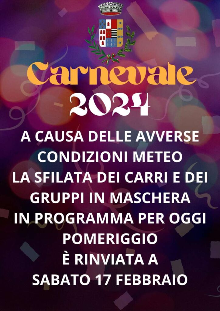 CARNEVALE PIRAINESE – La sfilata rinviata a sabato 17 febbraio