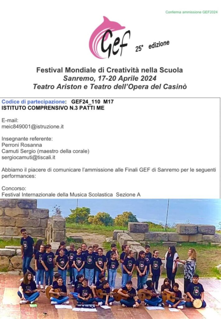 ALL’ARISTON DI  SANREMO – La Corale “I Colori del Mondo” del “G. Lombardo Radice” di Patti alle finali del Festival mondiale di Creatività nella Scuola