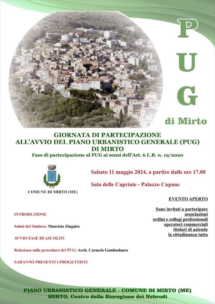 PUG DI MIRTO – Entra nel vivo la fase partecipativa. Incontro pubblico sabato 11 maggio