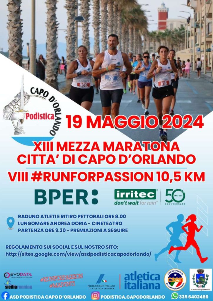 CORSA SU STRADA – Domenica 19 maggio la mezza maratona Città di Capo D’Orlando