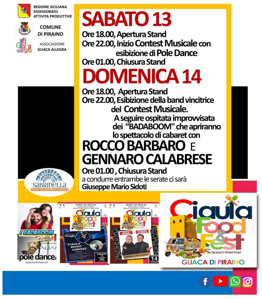 GLIACA DI PIRAINO – Tutto è pronto per il “Ciaula Food & Fest”, si inizia questa sera