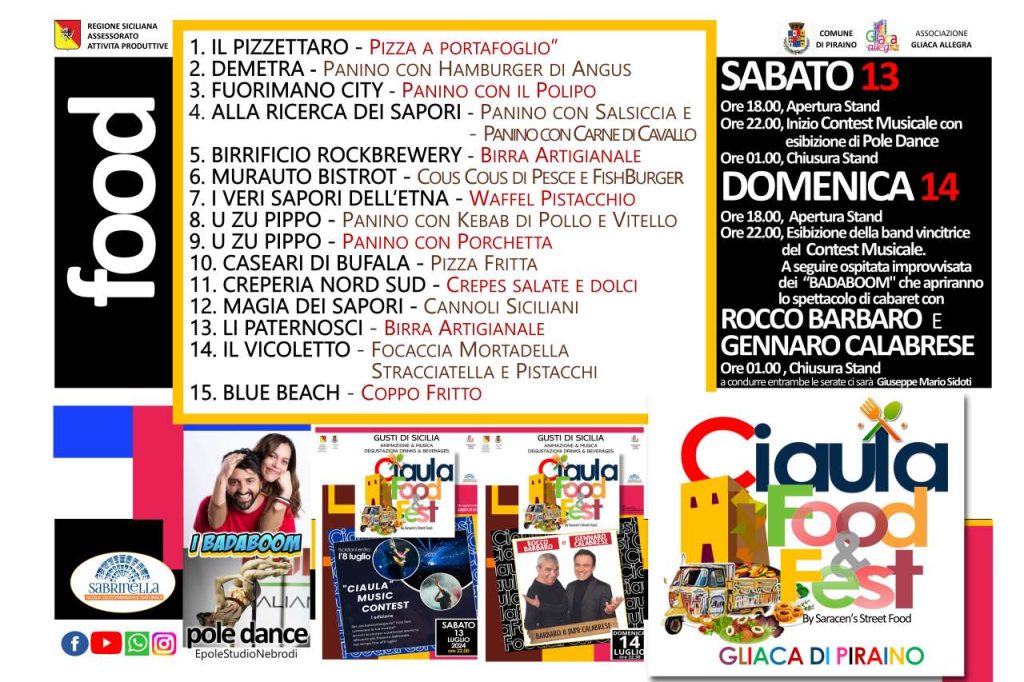 CIAULA FOOD & FEST – Tra gli stand dell’appuntamento gastronomico, del prossimo week end, di Gliaca di Piraino