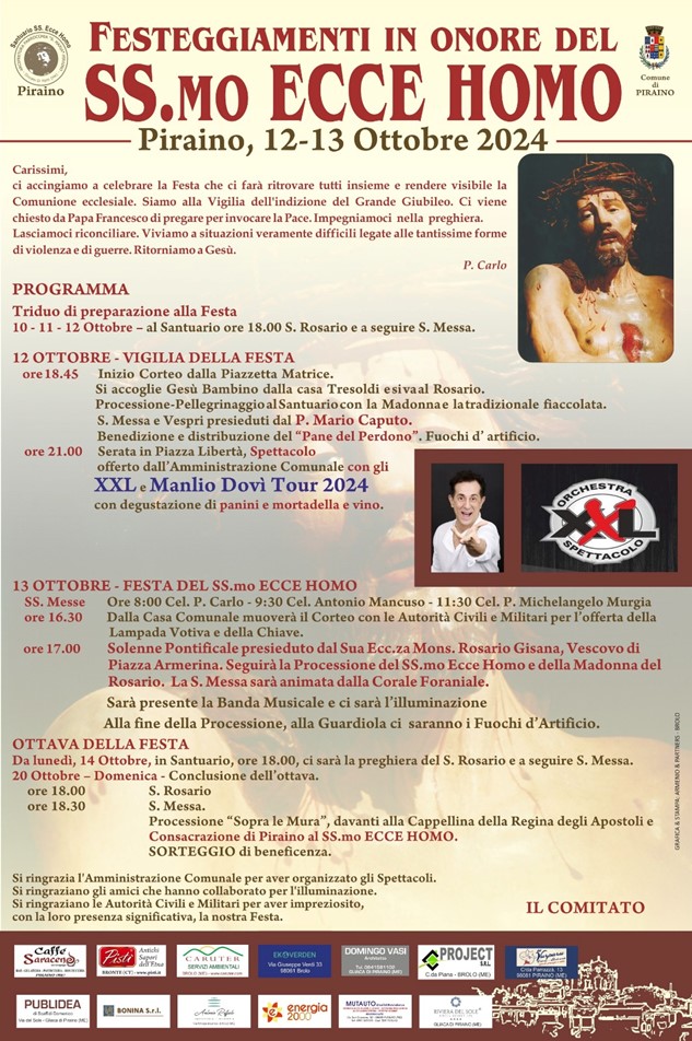 PIRAINO – Tutto pronto per i festeggiamenti al SS.mo Ecce Homo