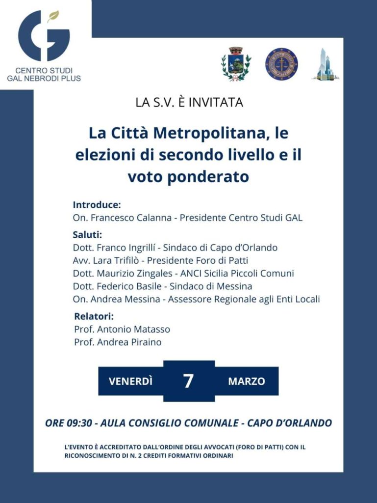ELEZIONI CONSIGLIO METROPOLITANO – Il 7 marzo un incontro, a Capo d’Orlando, per saperne di più