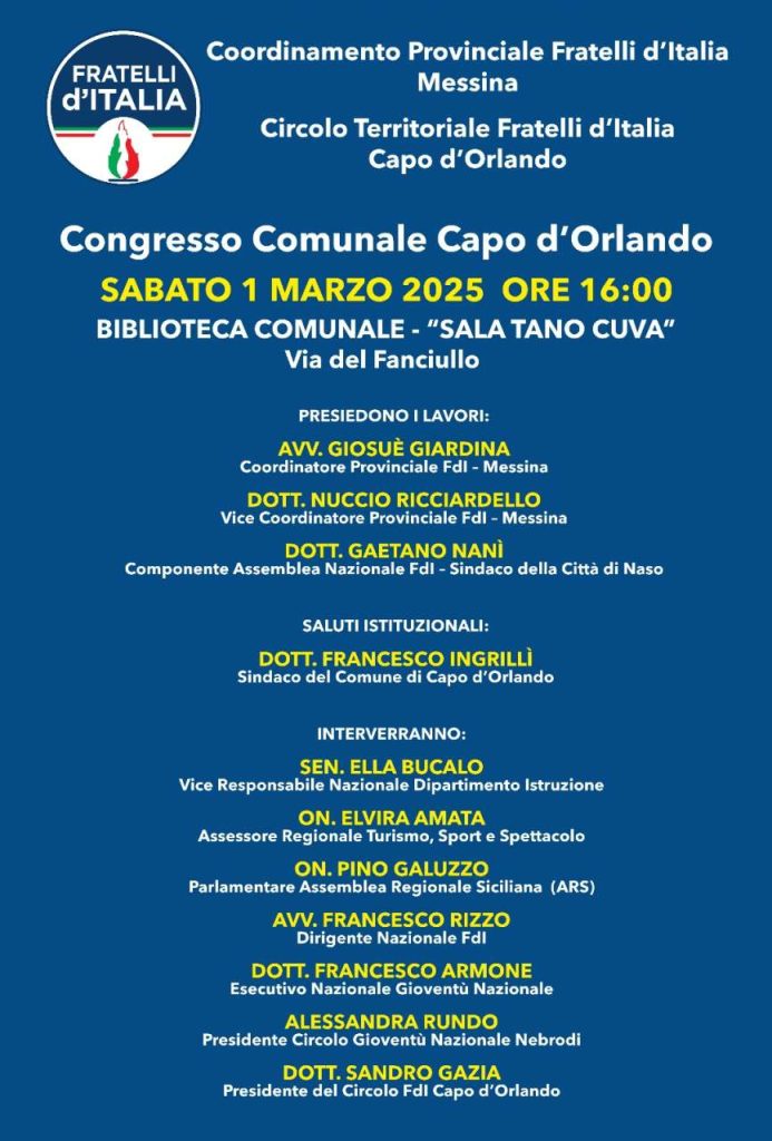 FRATELLI D’ITALIA – Il Congresso Comunale a Capo d’Orlando: appuntamento il 1° marzo