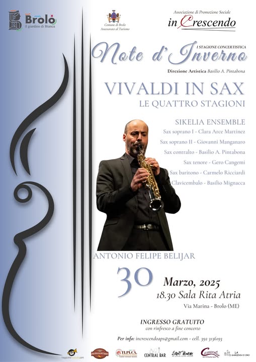 NOTE D’INVERNO – Domenica ancora musica alla Sala Rita Atria di Brolo con Antonio Felipe Belijar, accompagnato dal Sikelia Saxophone Quartet